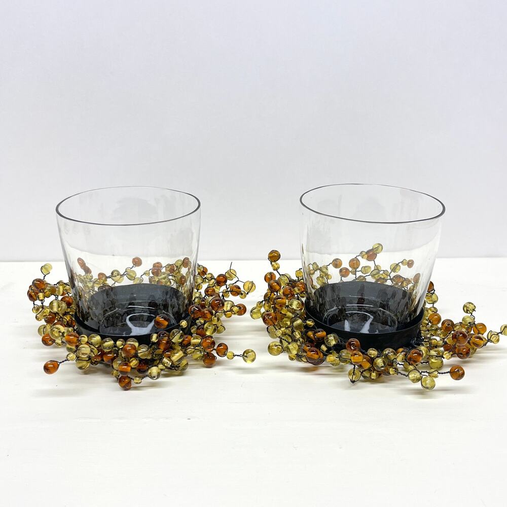 Pottery Barn Amber Pepper Berry Glass Bead Candle Votive Holders Set of 2